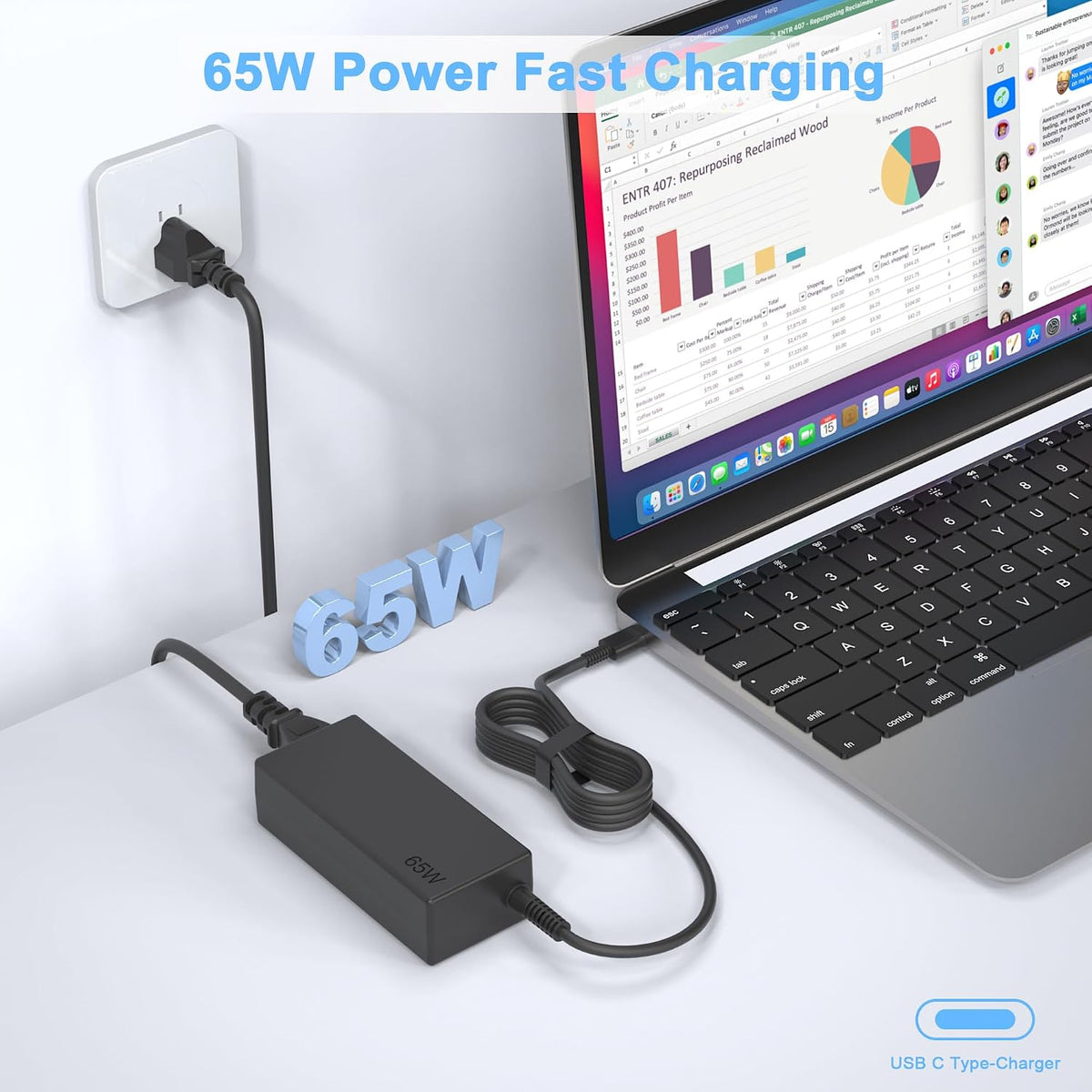 65W USB C Laptop Charger Compatible with HP Lenovo Dell Asus Samsung Acer Google Chromebook Charger Fast Charging Type C Power Adapter