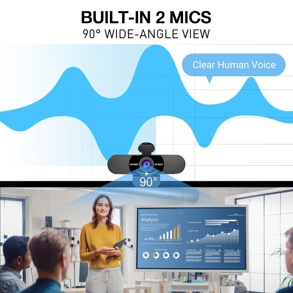 EMEET S600 4K Webcam for Streaming - Sony 1/2.55'' Sensor, PDAF Autofocus, 1080P@60FPS, 2 Noise Reduction Mics, Built-in Privacy Cover, 73° FOV, Streaming Camera for Live Commerce/Gaming/Beauty