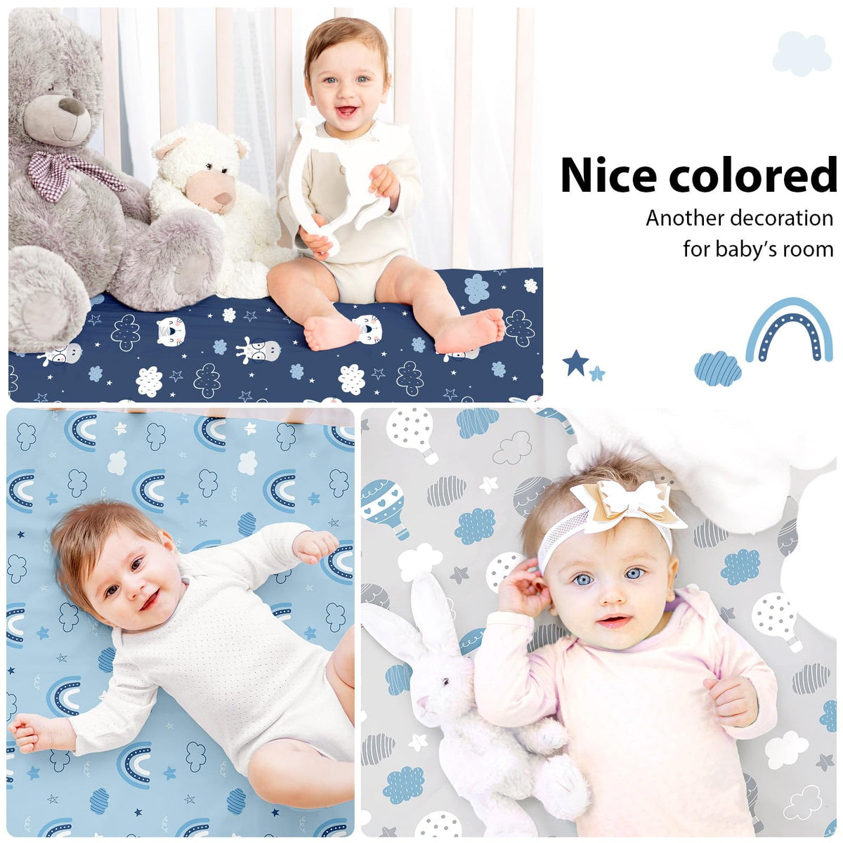 Next to Me Crib Sheets 85x51cm Fitted, 3 Pack Baby Cot Sheets, Ultral Soft & Silky Smooth Microfiber Bedside Crib Fitted Sheets Pink Rainbow