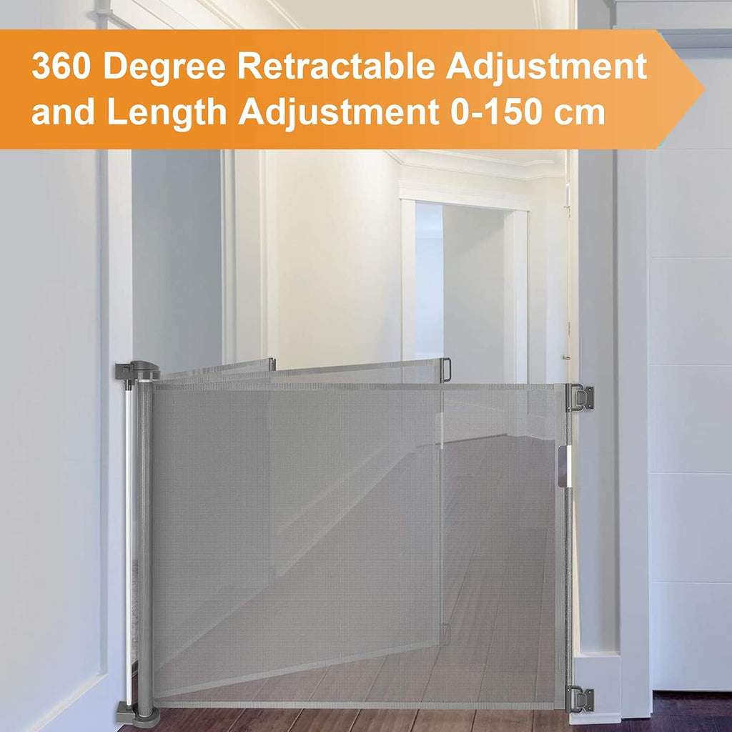 Retractable Stair Gate for Baby, Extra Wider Safety Dog Gate 150cm, 86cm Tall, One Hand Operated Baby Gate for Stairways & Hallways, Indoor & Outdoor, Grey (150cm)
