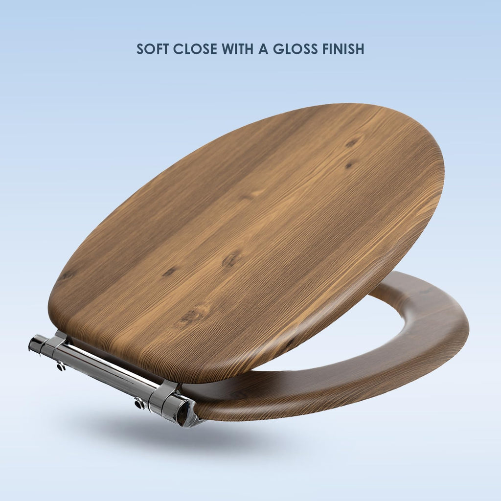 AQUALONA® Luxury Grey Oak Effect Toilet Seat - Soft Close MDF Moulded Wood Seat with Quick Release Button and Durable Hinges - Comfortable, Easy to Clean and Install with Universal Fittings