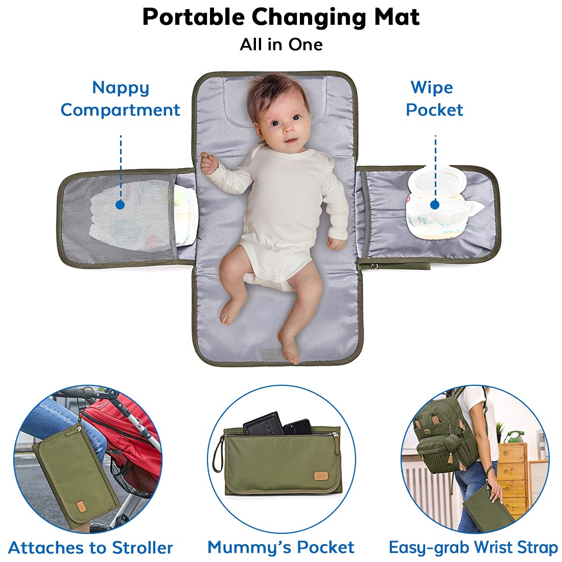 Dikaslon Baby Changing Bag Backpack, Large Nappy Back Pack Multifunction Baby Bags with Portable Changing Mat, Pacifier Holder, and Stroller Straps, for Mom and Dad