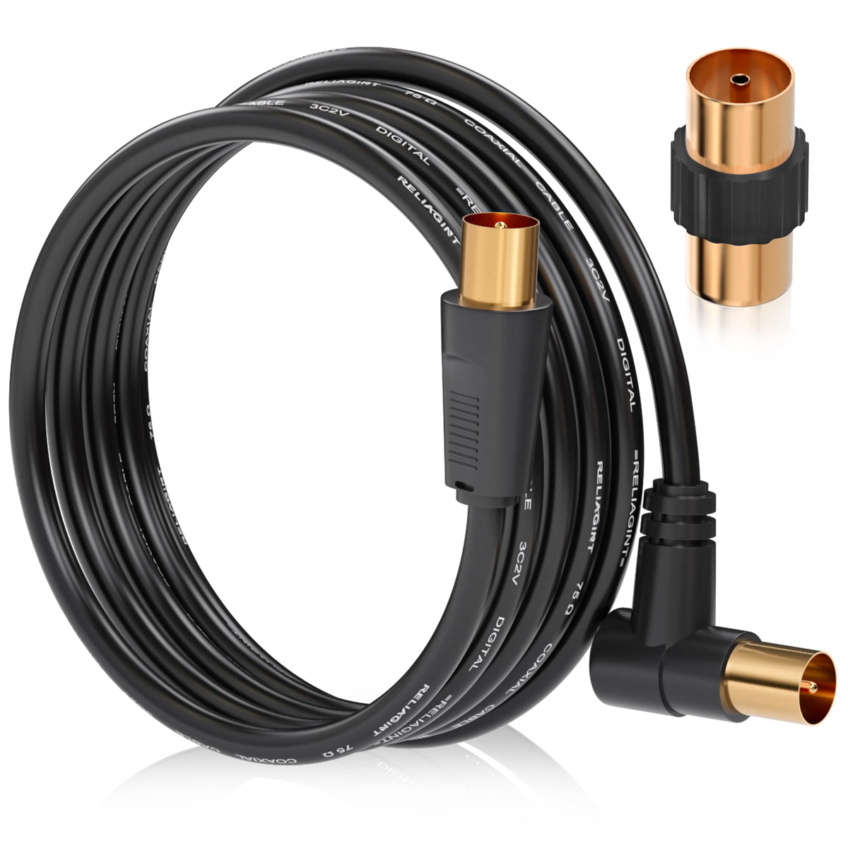 TV Aerial Cable 0.5m, 75 Ohm Coaxial Lead, IEC 9.5mm Male to Male 3C2V Pure Copper Dual Shielded, Right-Angle Connector, Female to Female Adaptor Included, Black