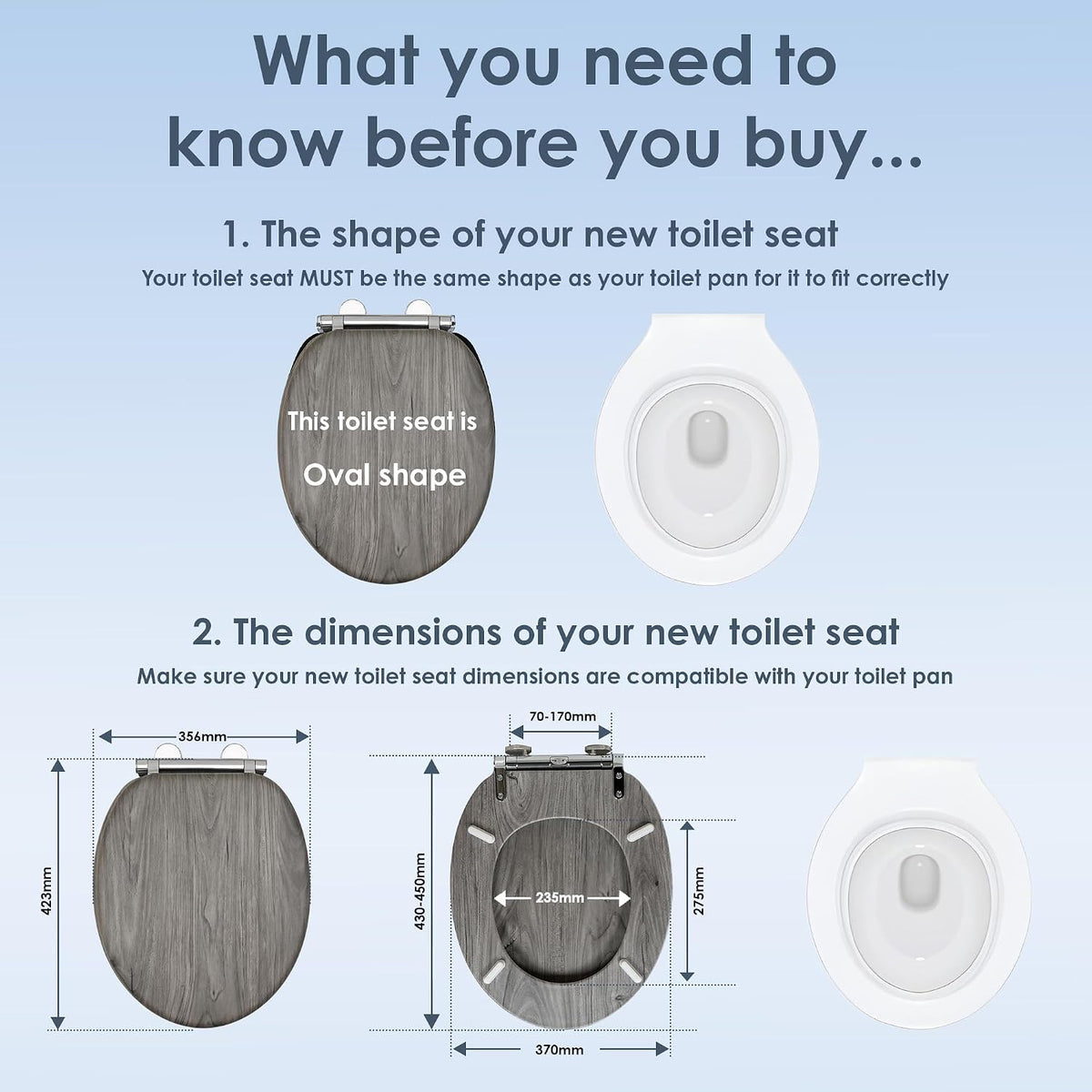 AQUALONA® Luxury Grey Oak Effect Toilet Seat - Soft Close MDF Moulded Wood Seat with Quick Release Button and Durable Hinges - Comfortable, Easy to Clean and Install with Universal Fittings