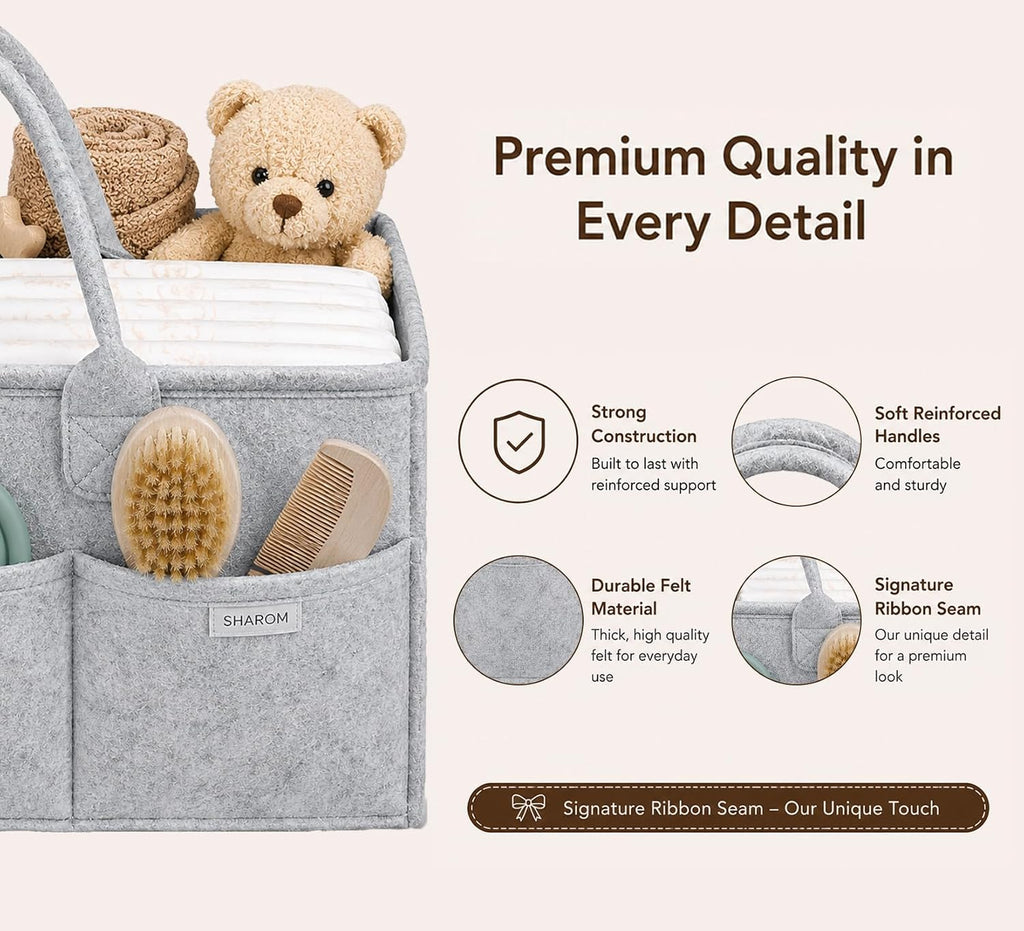 Essential Baby Caddy for Newborns. Spacious, Sturdy & Portable Diaper and Nappy Caddy for Newborn Essentials, Nursery Storage Basket & Organiser for Baby Shower Gifts & Registry Must-Haves Grey