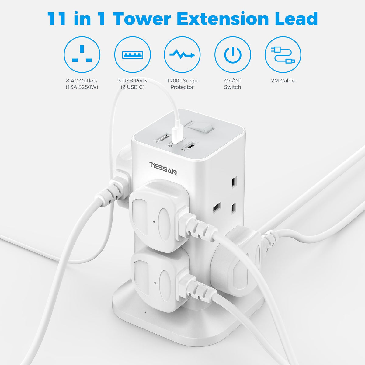 TESSAN Tower Extension Lead 5M with USB C Slots