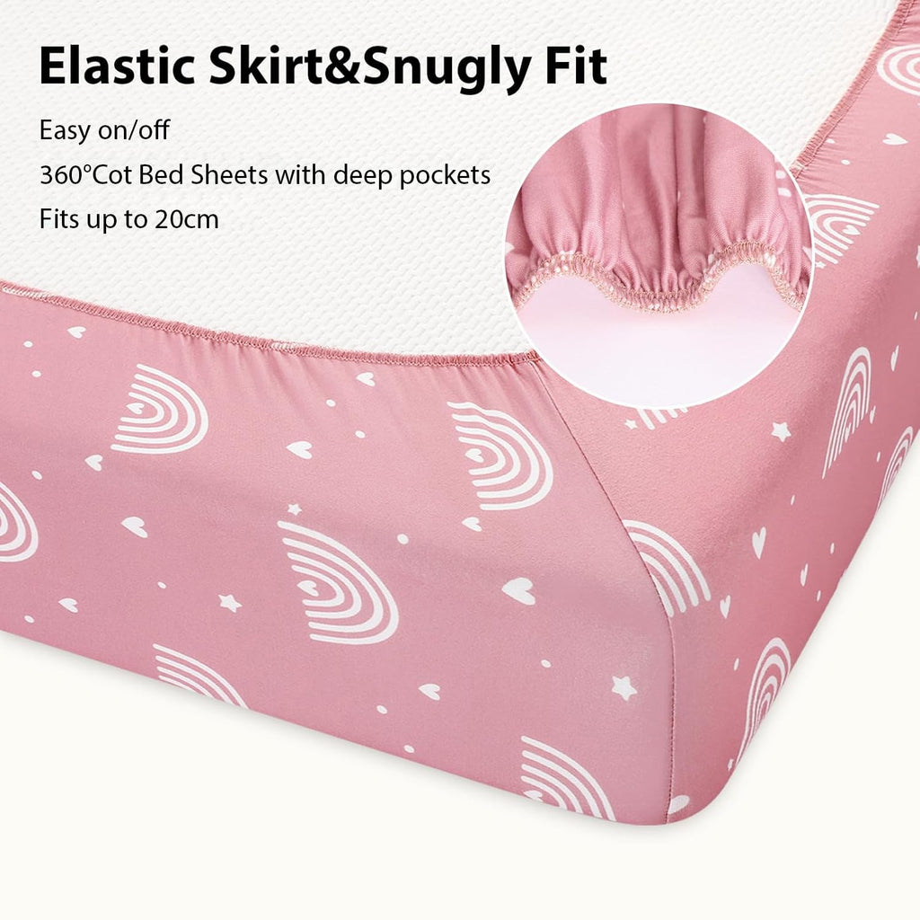 Next to Me Crib Sheets 85x51cm Fitted, 3 Pack Baby Cot Sheets, Ultral Soft & Silky Smooth Microfiber Bedside Crib Fitted Sheets Pink Rainbow