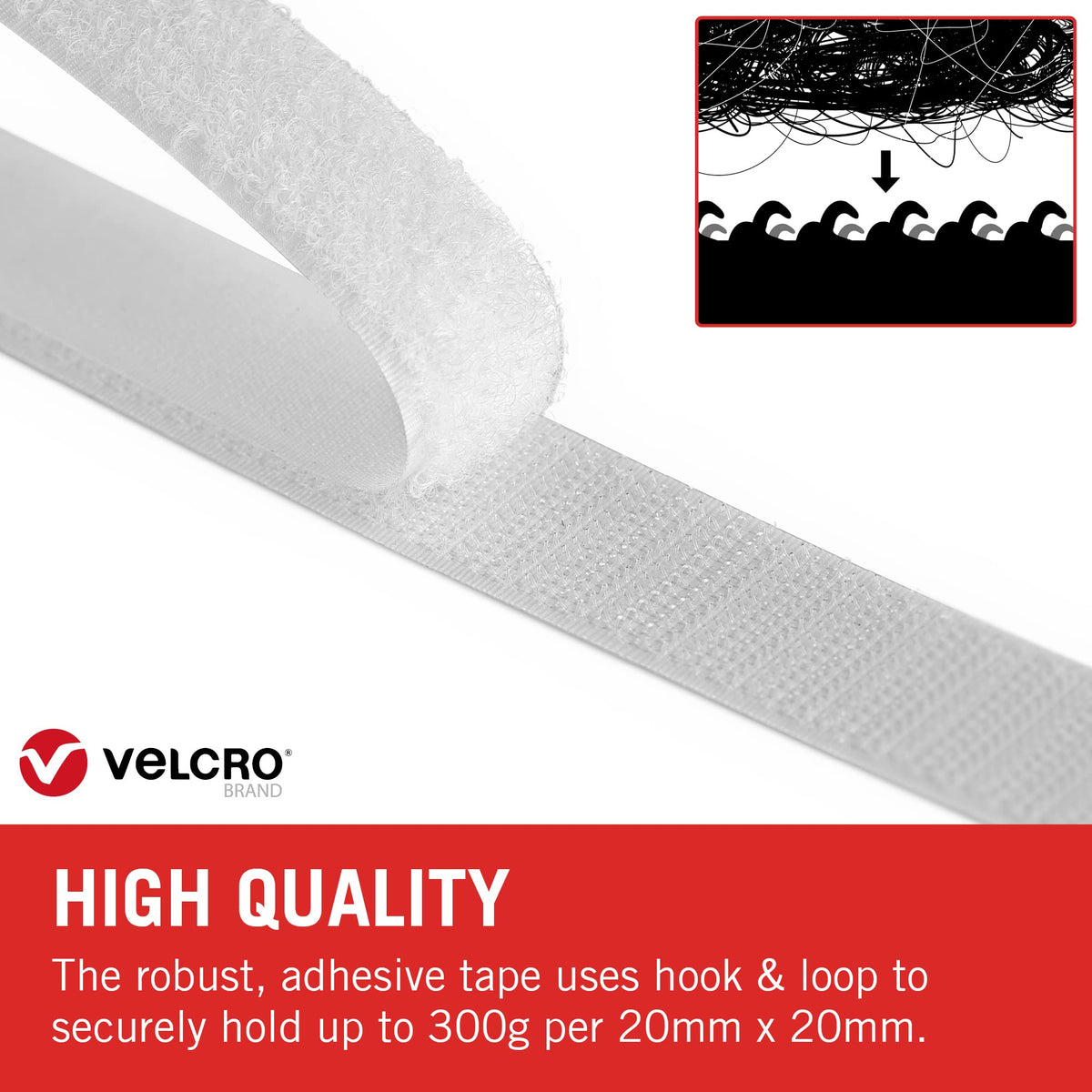 VELCRO Brand Stick On Tape Cut-to-Length Strong Hook & Loop Self Adhesive Sticky Tape Perfect for Room Décor & Home, Office, Garage Use White 20mm x 5m