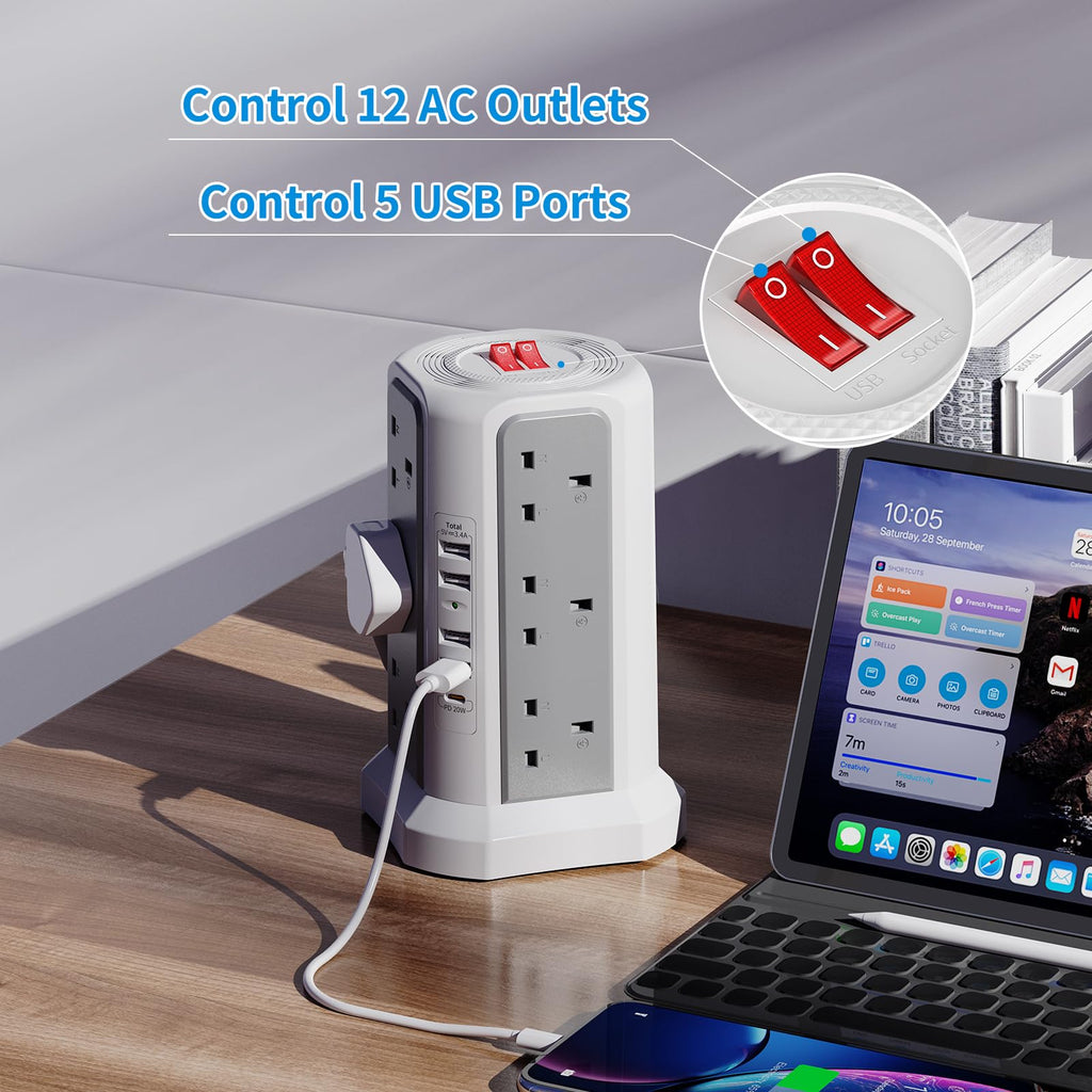 HAFINO Tower Extension Lead with USB Slots, PD18W USB C Fast Charger, 1.8M