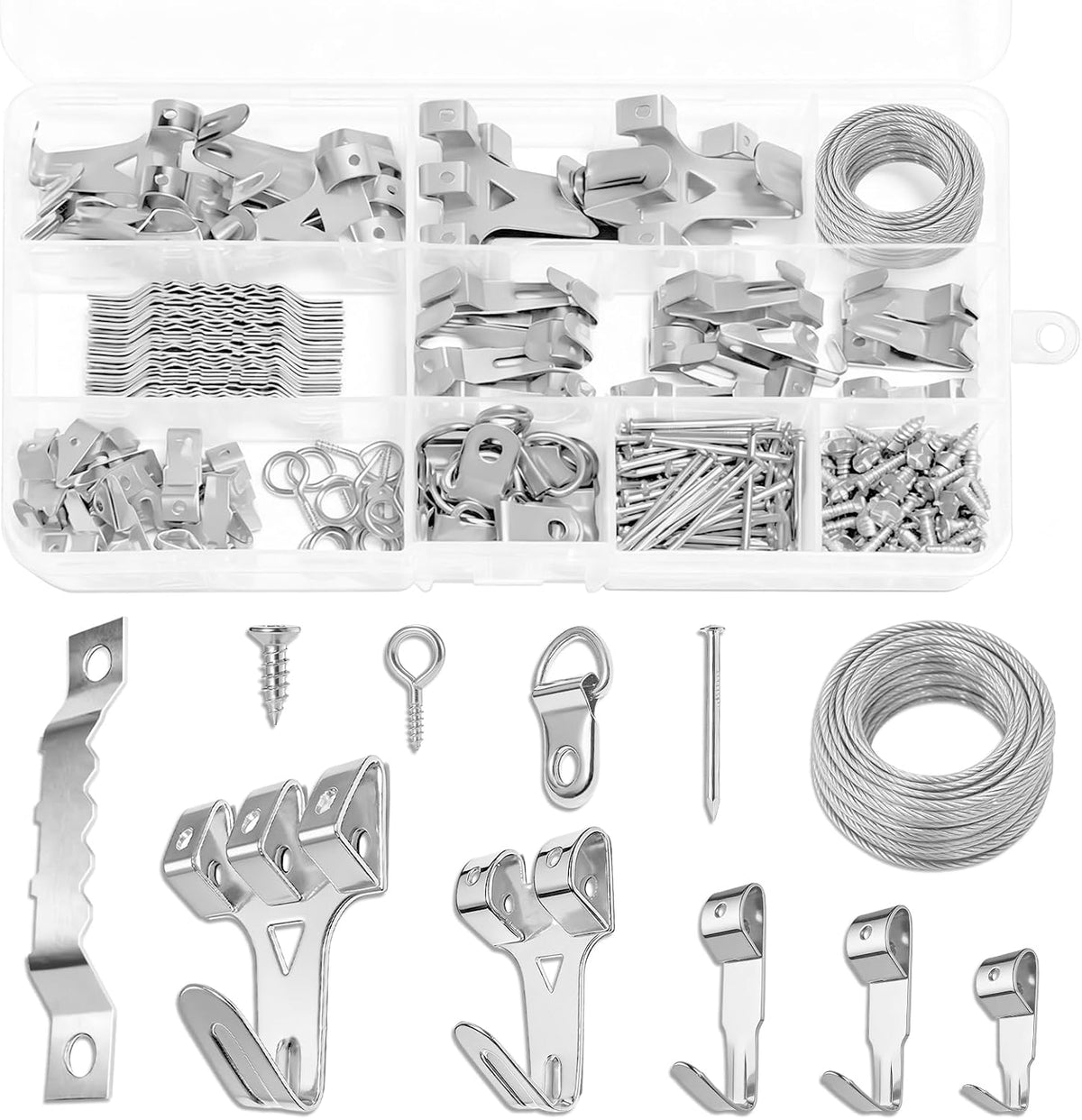 300pcs Picture Hooks Picture Hanging Kit for Picture Frame Fixing Hard Walls Photo Hooks Assorted Picture Hanger Set with Saw Tooth, D-Ring, Nails, Wire,Screws