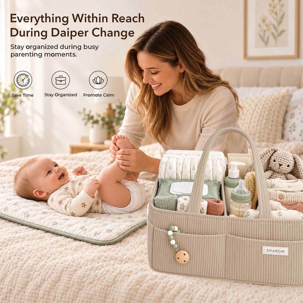 Essential Baby Caddy for Newborns. Spacious, Sturdy & Portable Diaper and Nappy Caddy for Newborn Essentials, Nursery Storage Basket & Organiser for Baby Shower Gifts & Registry Must-Haves Grey
