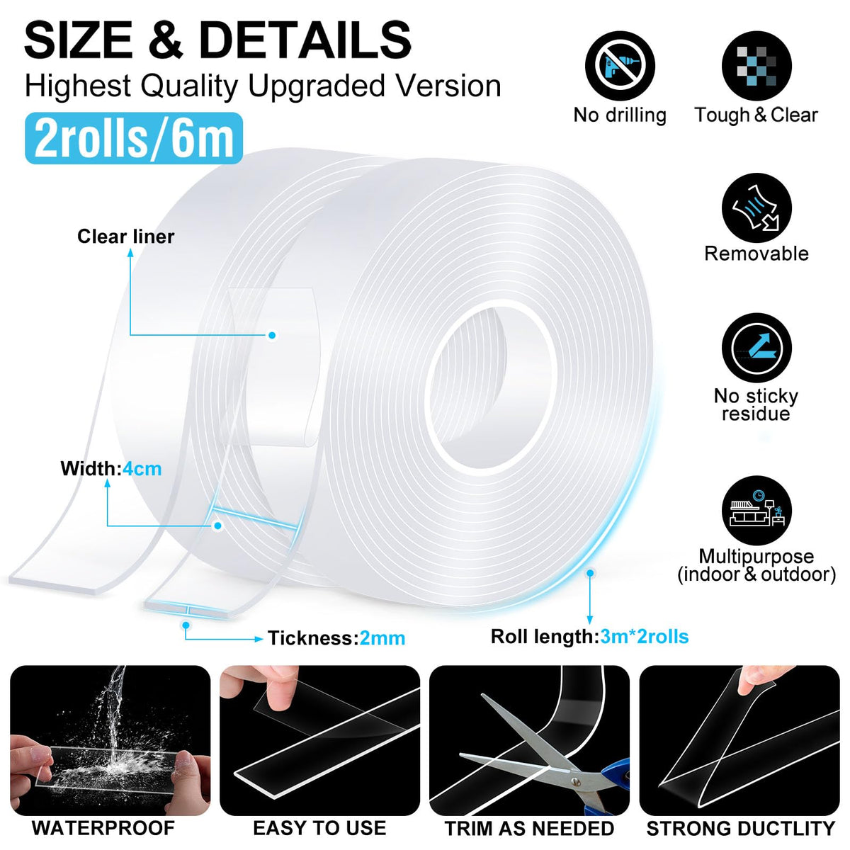 Double Sided Tape Heavy Duty,(6mx2cmx2mm,2Rolls) Strong Double Sided Mounting Nano Tape,Multipurpose Clear Adhesive Picture Hanging Strips,Removable Adhesive Sticky Tape for Poster Walls Decor Carpet