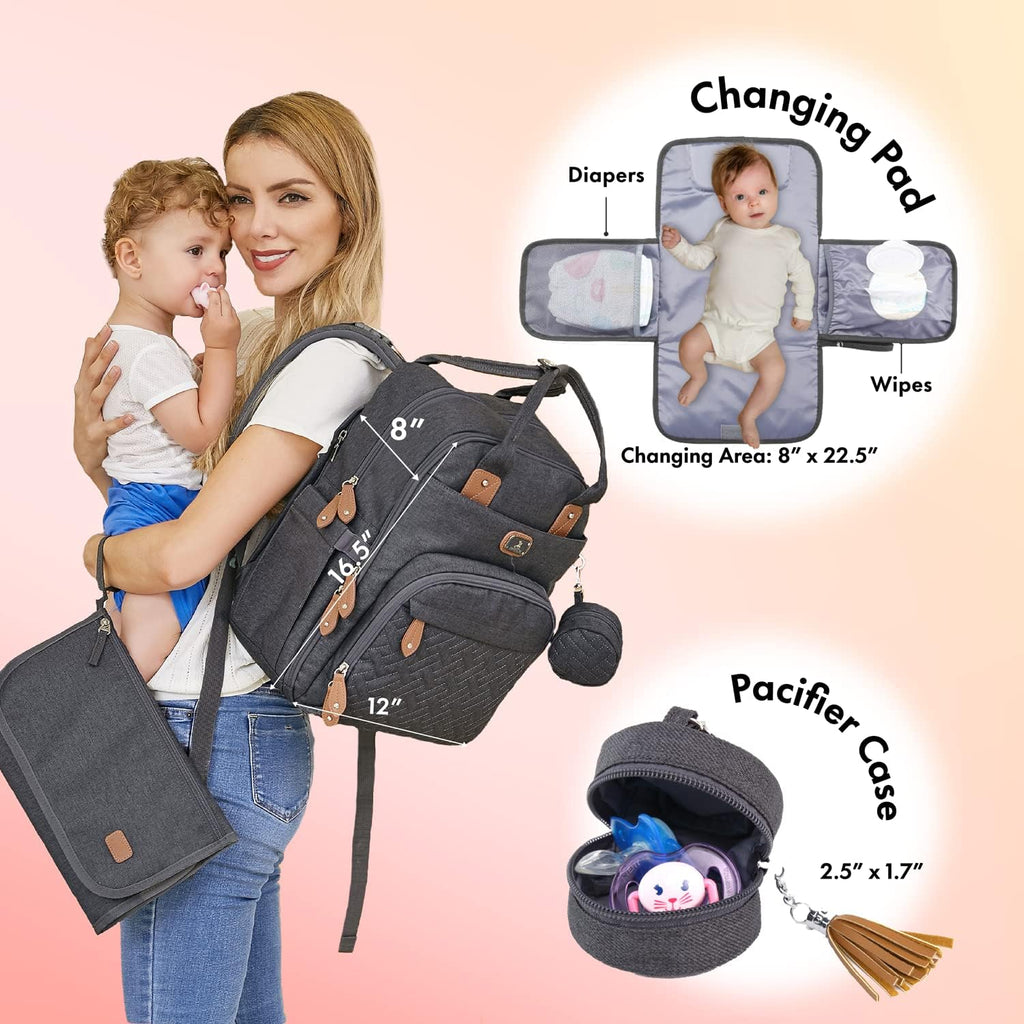 Dikaslon Baby Changing Bag Backpack, Large Nappy Back Pack Multifunction Baby Bags with Portable Changing Mat, Pacifier Holder, and Stroller Straps, for Mom and Dad