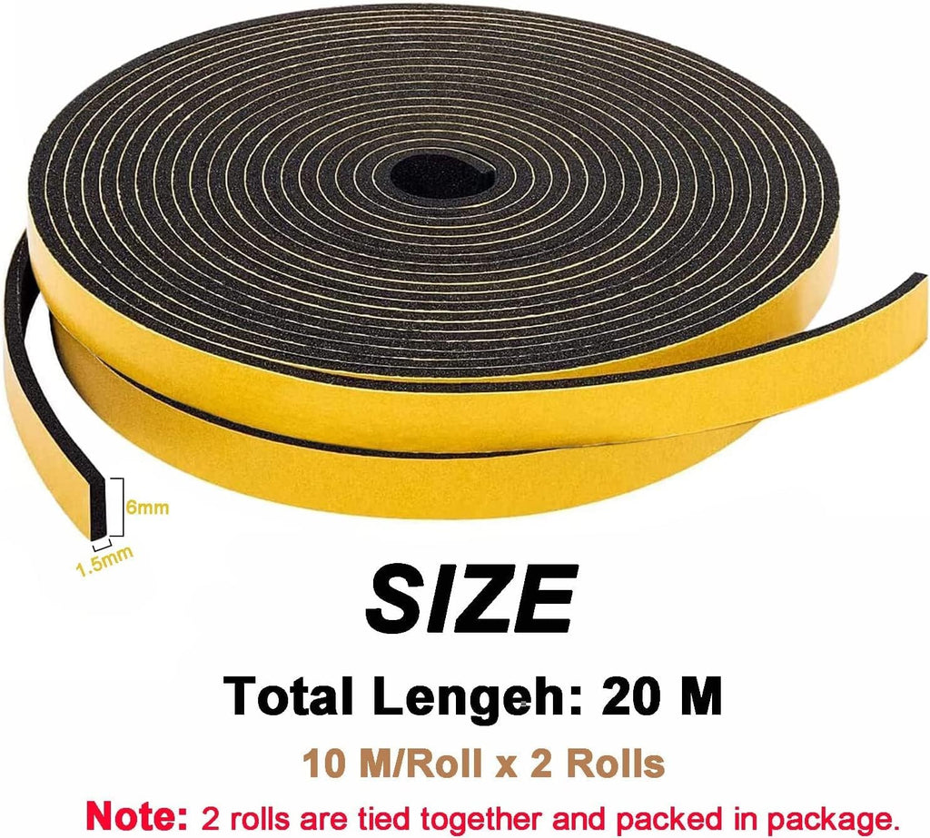 Draught Excluder Self Adhesive Foam Tape 6mm(W) x 3mm(T) Window Door Weather Stripping SoundProof Weather Strip Tape Seals for Gap Seal, 2 Rolls, Total 20M Long White