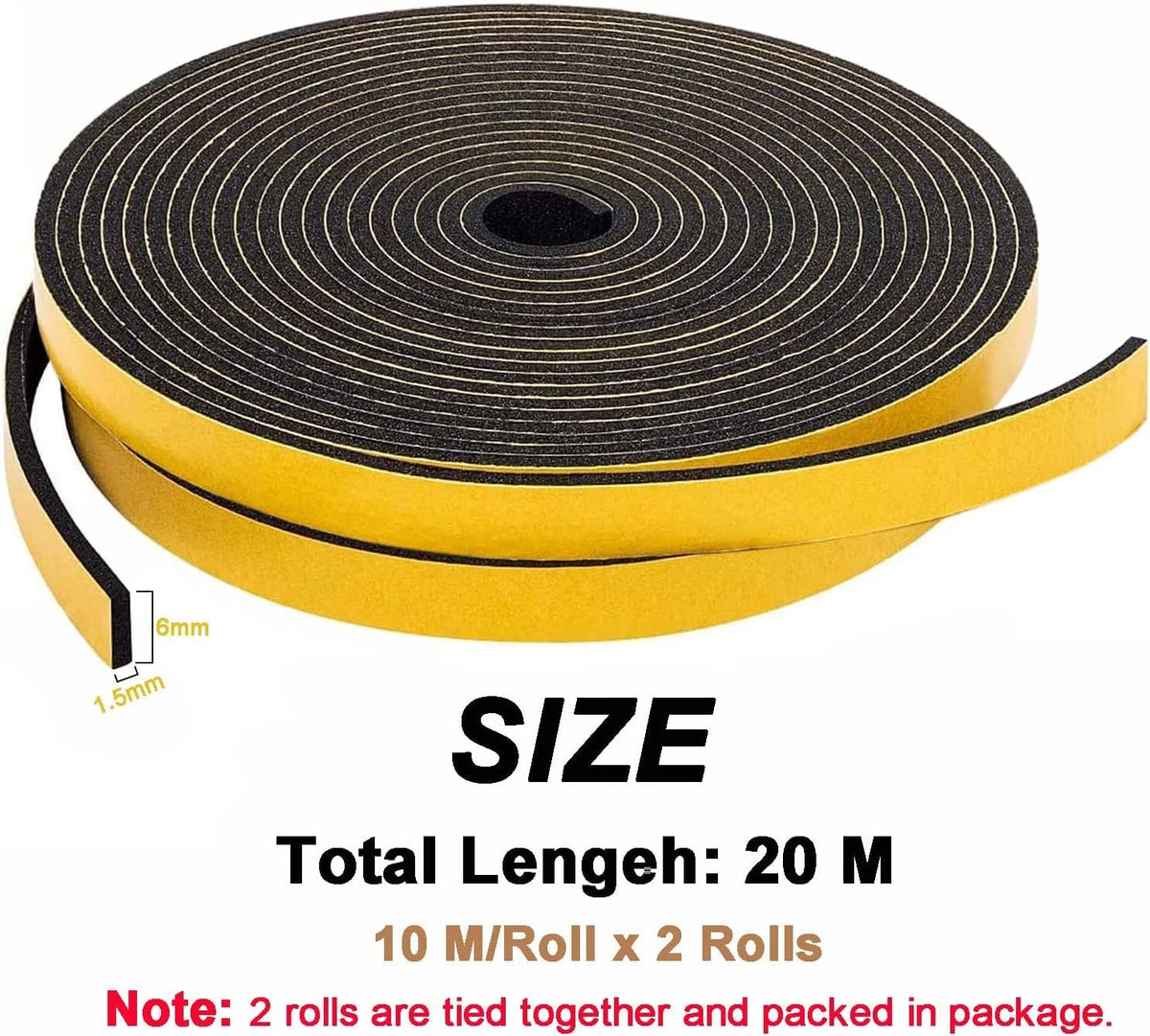 Draught Excluder Self Adhesive Foam Tape 6mm(W) x 3mm(T) Window Door Weather Stripping SoundProof Weather Strip Tape Seals for Gap Seal, 2 Rolls, Total 20M Long White