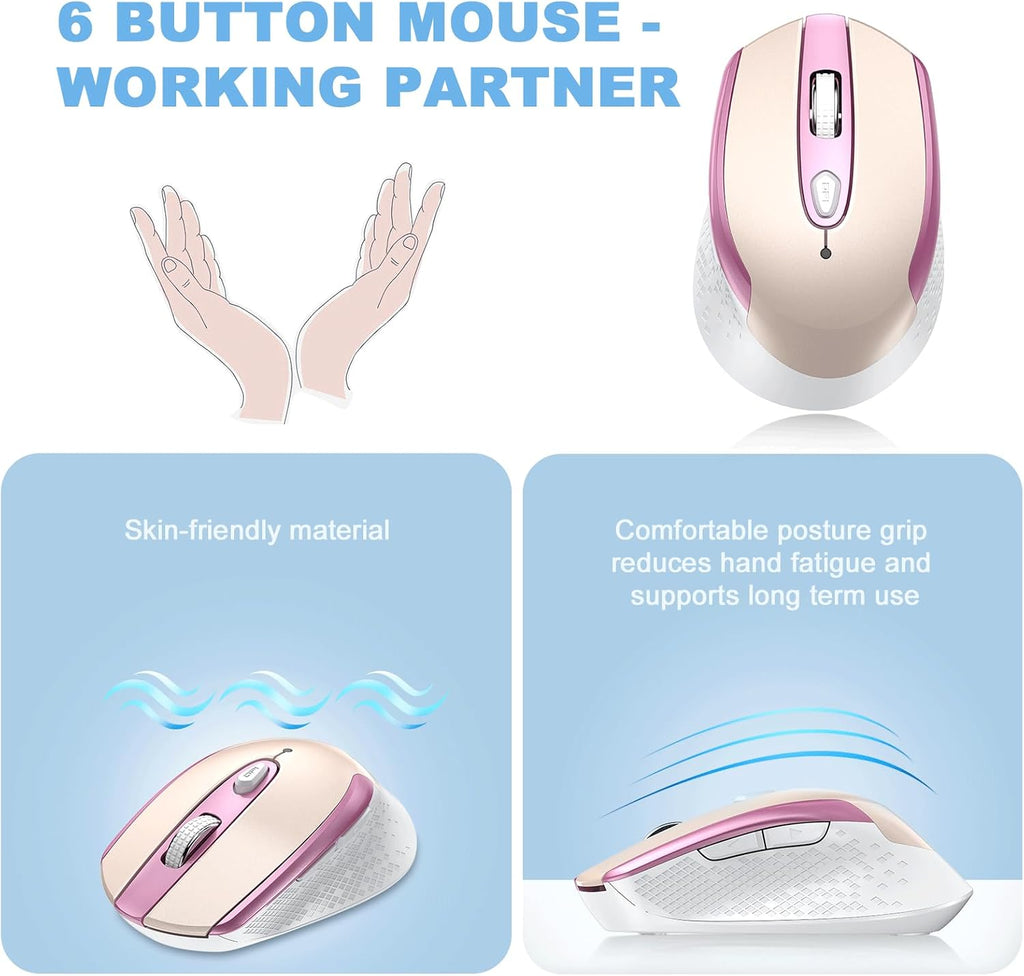 cimetech Wireless Mouse, 6 Buttons Mouse Silent Efficient Design, Suitable for Hand Size & Comfortable Grip, Office Mouse for Laptop PC Computer Tablets Windows Linux, 3 Adjustment Levels, Pinlk
