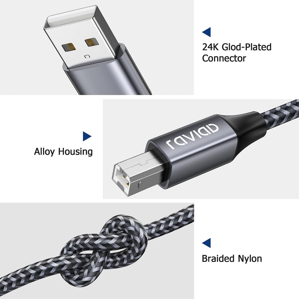 RAVIAD USB Printer Cable 2M, USB 2.0 Type A Male to B Male Nylon Braided