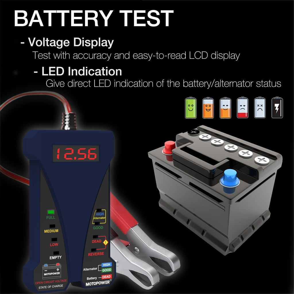 MOTOPOWER MP0514D 12V Digital Battery Tester Voltmeter and Alternator Charging System Analyzer with LCD Display and LED Indication, Orange Rubber Paint