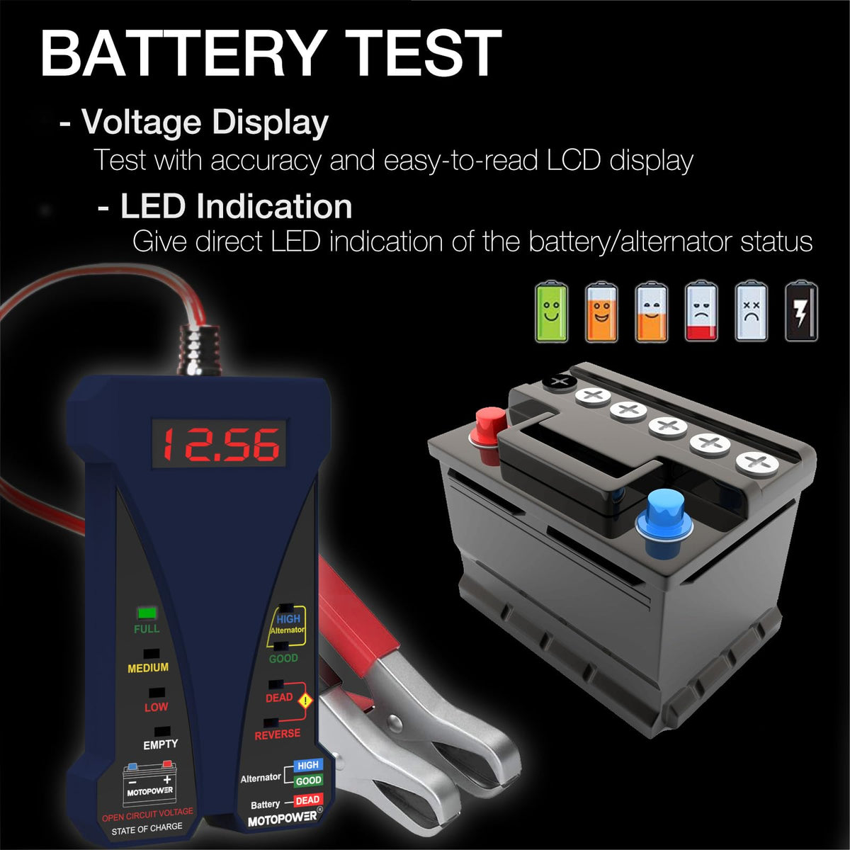 MOTOPOWER MP0514D 12V Digital Battery Tester Voltmeter and Alternator Charging System Analyzer with LCD Display and LED Indication, Orange Rubber Paint