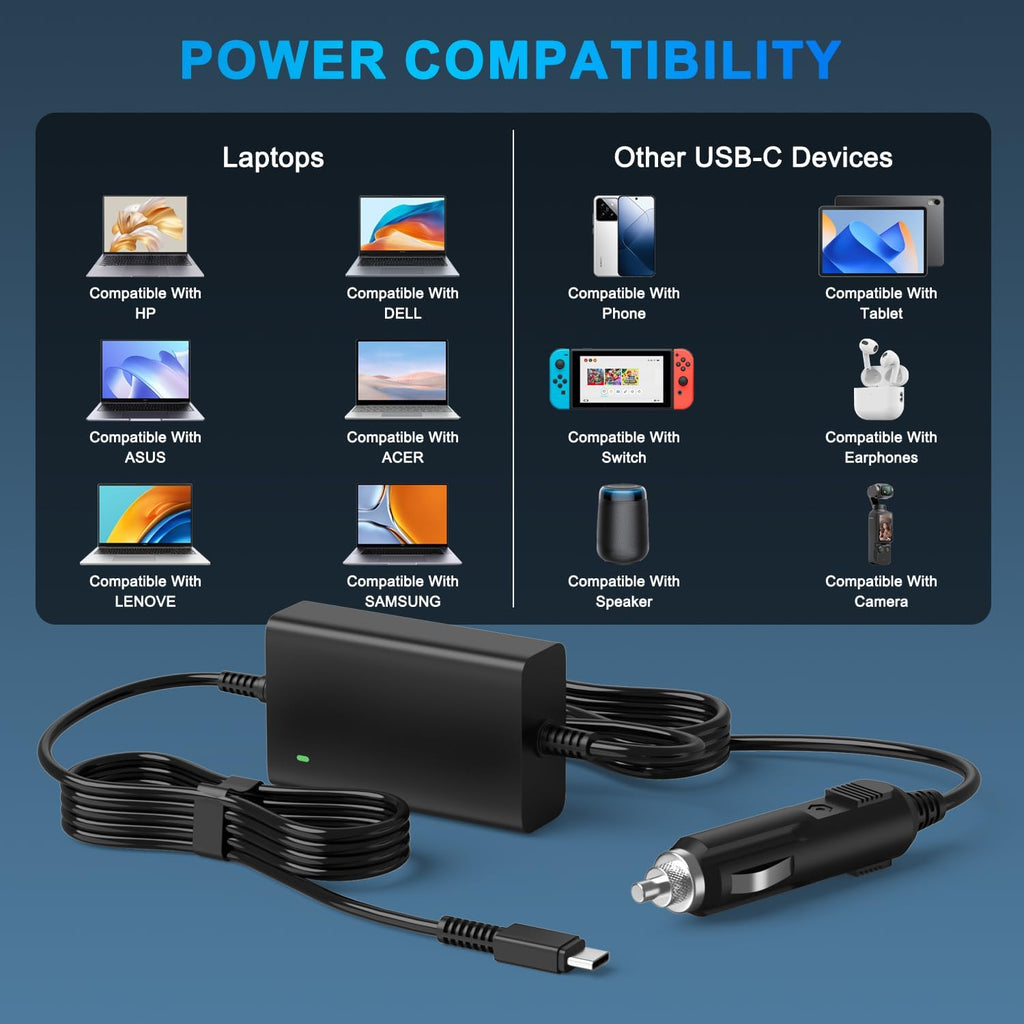 12V/24V 100W Car Laptop Charger USB C Compatible with MacBook Lenovo Dell