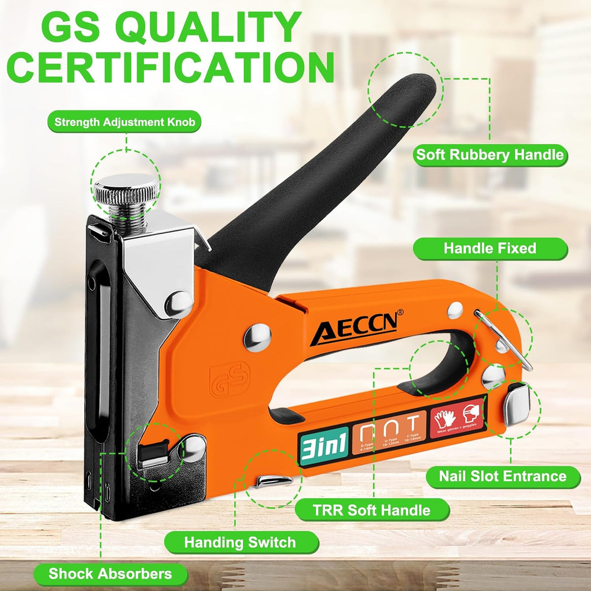 AECCN 3-in-1 Heavy Duty Staple Gun for Wood & Furniture, and DIY, Silver