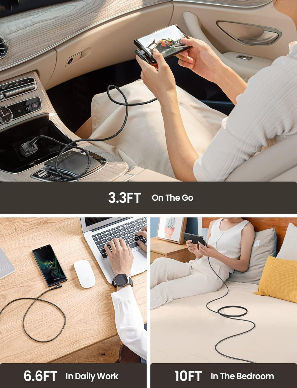 AINOPE 2-Pack 0.5ft USB C Cable, 3.1A Fast Charging, Right Angle, Durable Nylon Braided, Compatible with Galaxy S22 S21 Plus S20, Note 10 9 LG, Type C Charger
