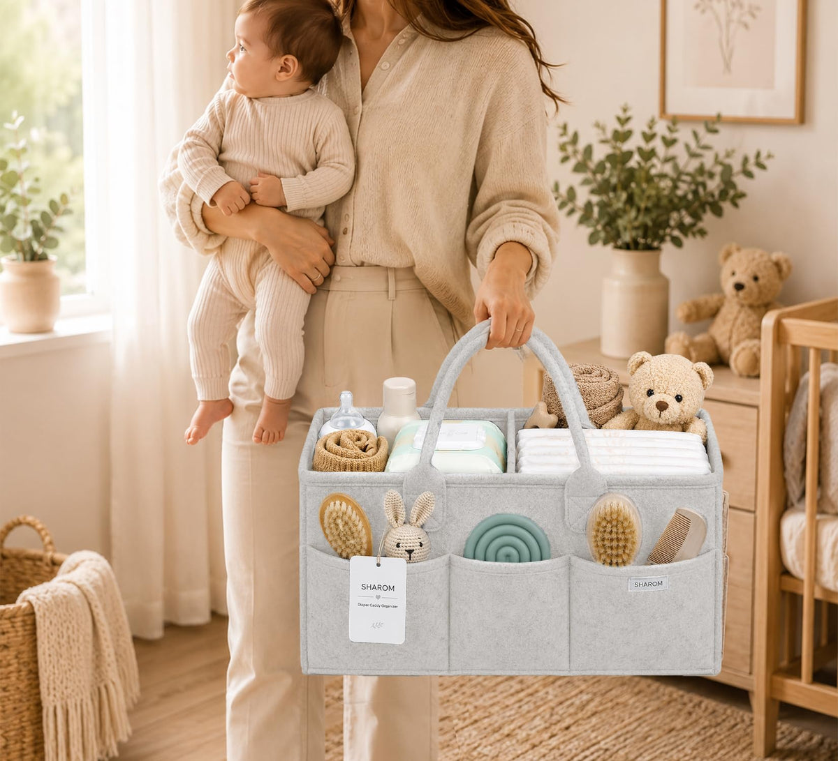 Essential Baby Caddy for Newborns. Spacious, Sturdy & Portable Diaper and Nappy Caddy for Newborn Essentials, Nursery Storage Basket & Organiser for Baby Shower Gifts & Registry Must-Haves Grey