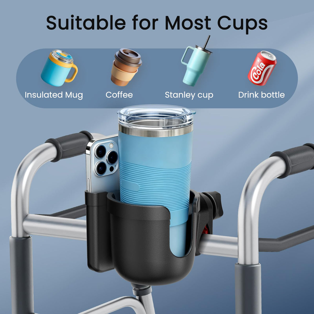 Wheelchair Cup Holder: Universal Cup Holder with Phone Holder for Pram Bike