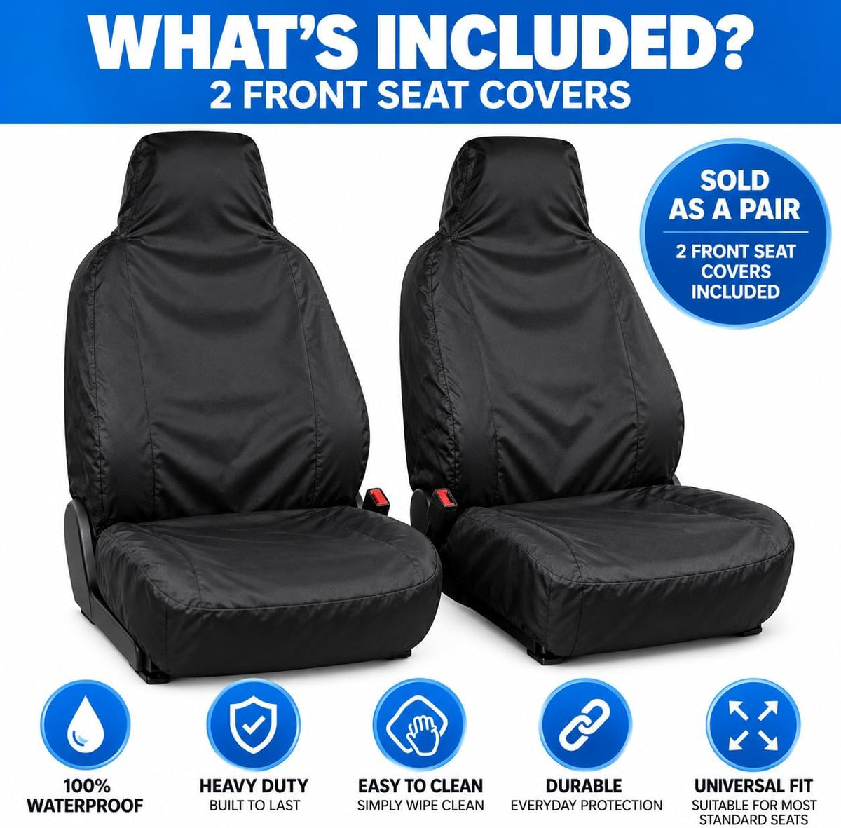 BLKWPSPFP920 Heavy Duty Black Waterproof Car Seat Covers/Protectors - 2 x Fronts