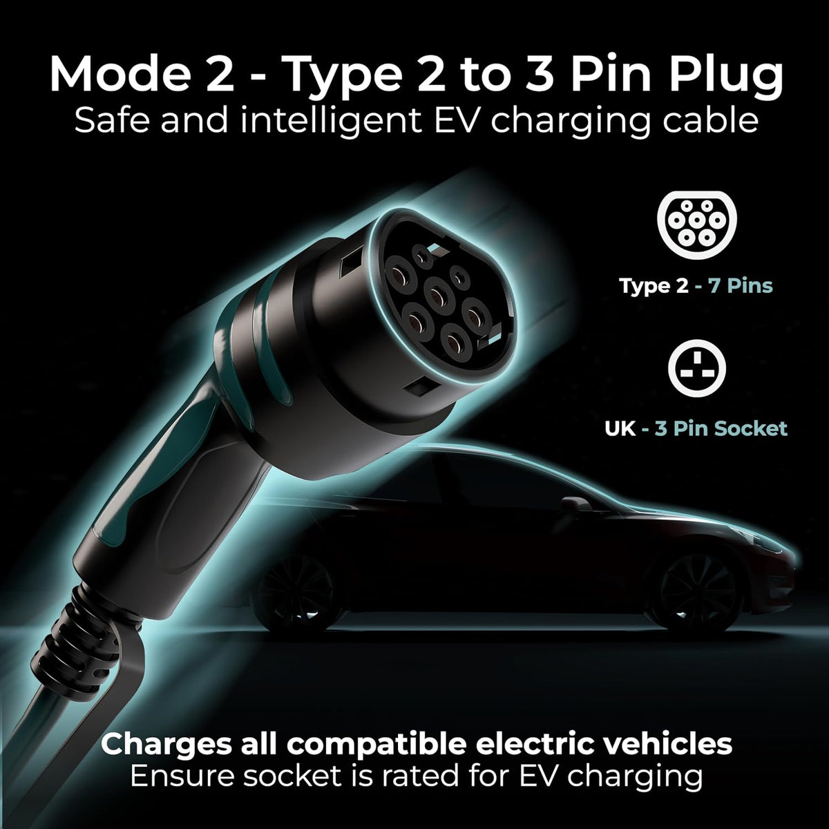 Masterplug EV Charging Cable for Electric and Hybrid Vehicles, 10 Metres, Mode 2, Delay Charging Function, 3 Pin UK Plug to Type 2 Car Charger, Language Options, 2.4kW, EVCM221010-MP2