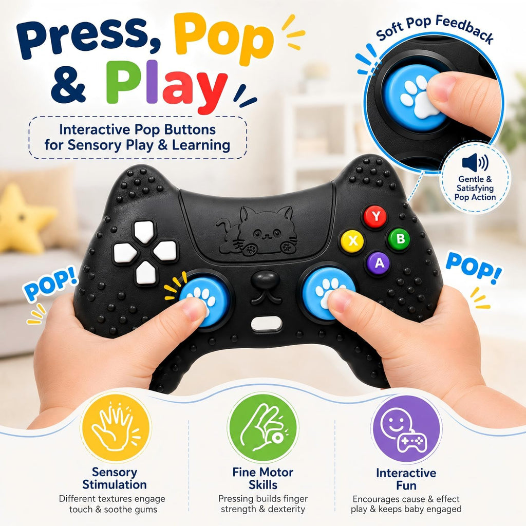 Teething Relief Teethers Toys for Babies 3-6 12 Months Gifts, Silicone Remote Control Baby Teether Bath Toys for 3 6 9 Months Newborn Infant Boy Girl Autism, Food Grade Silicone Sensory Toys, Black