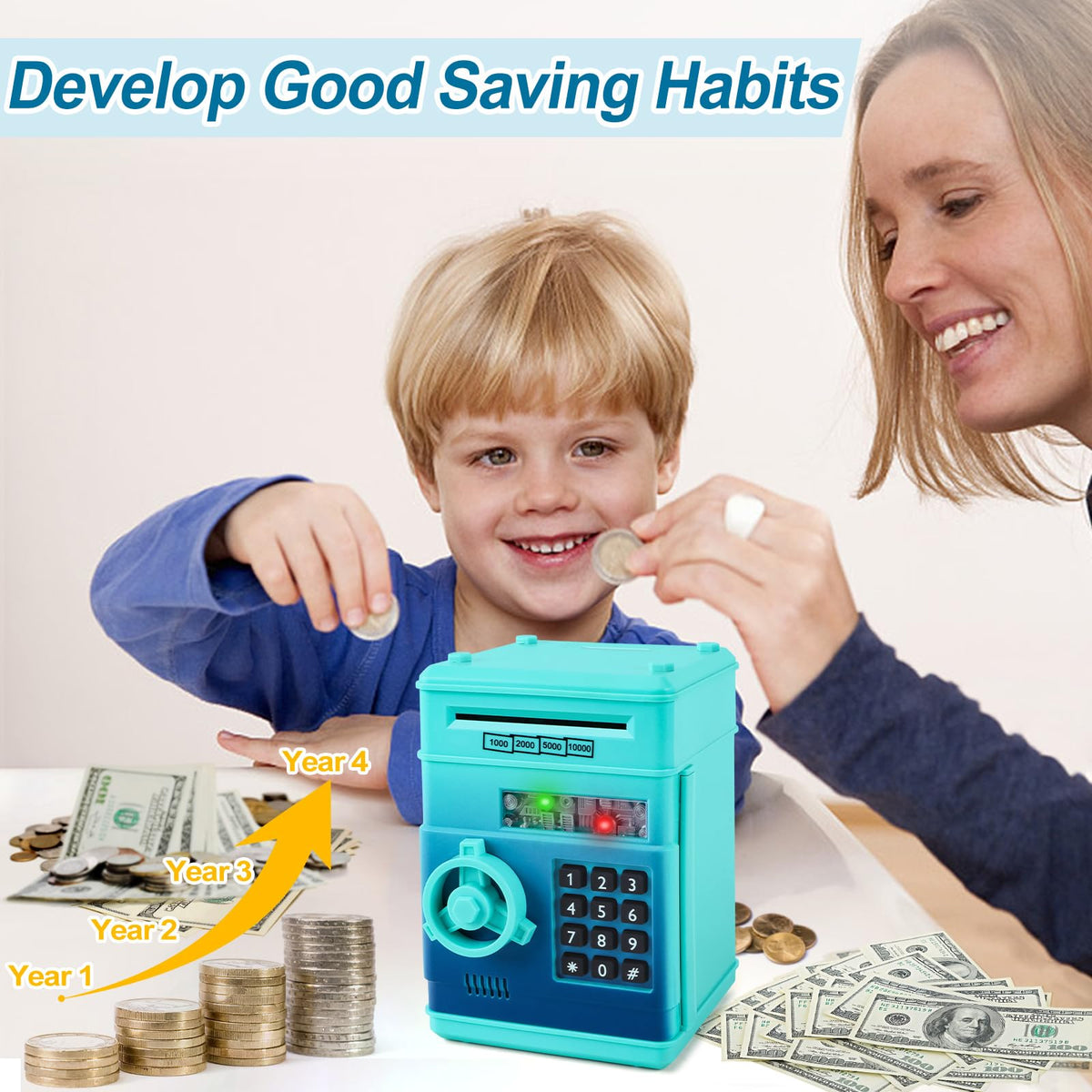 Refasy Piggy Bank Cash Coin Can ATM Bank Electronic Coin Money Bank for Kids Age 3-12, Money Savings Box Mini ATM Coin Bank Toys Gifts for 3 4 5 6 7 8 9 10 11 12 Year Old Boys Girls
