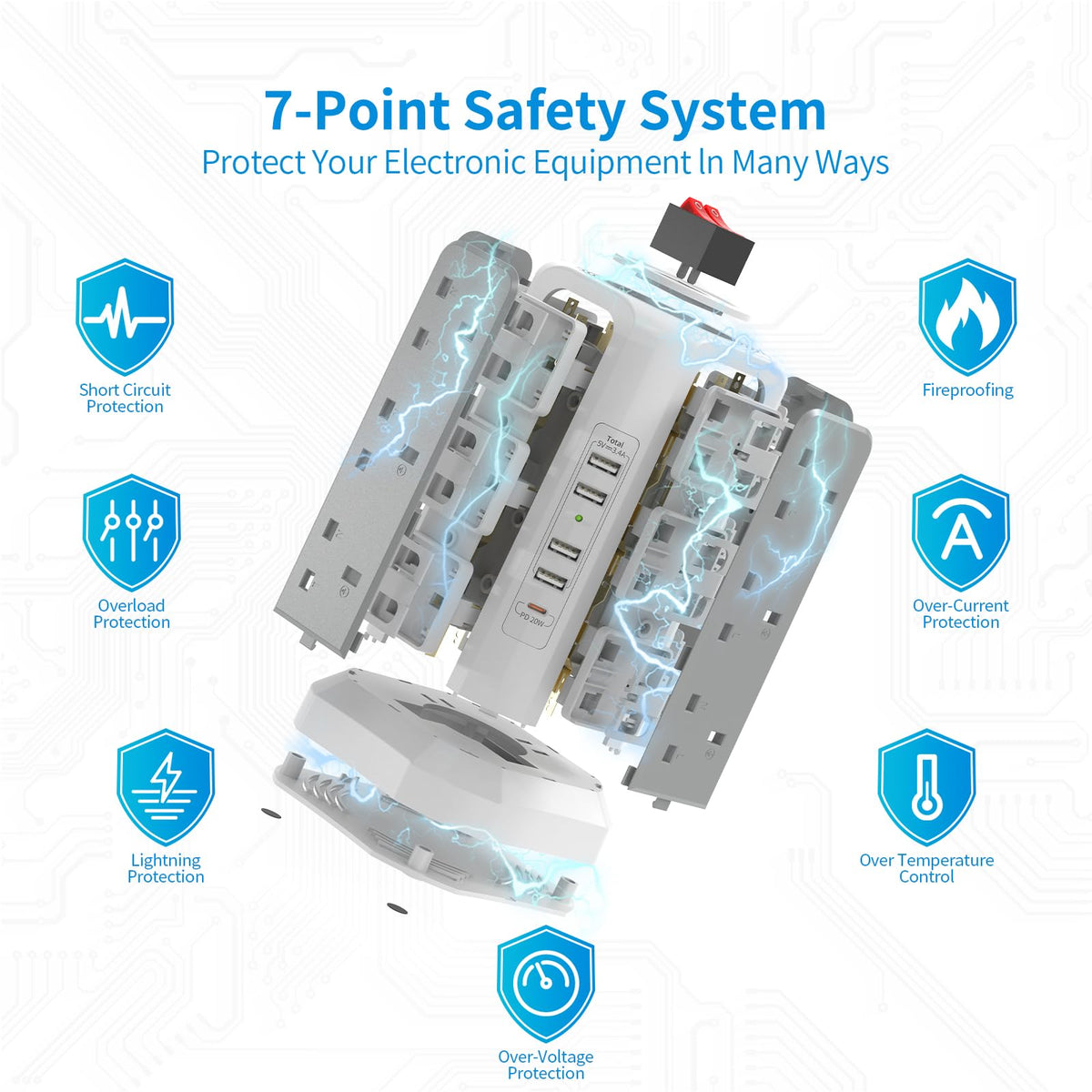 HAFINO Tower Extension Lead with USB Slots, PD18W USB C Fast Charger, 1.8M