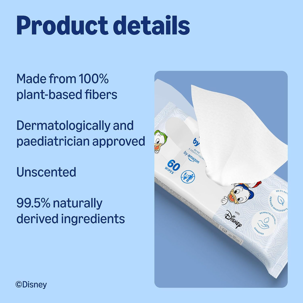 by Amazon Disney Baby Wipes, 99% Water, 720 Wipes, Unscented, 12 Pack of 60