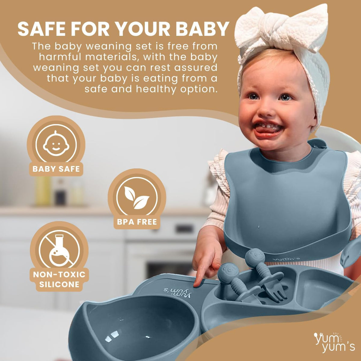 Yum Yum's Baby 10 Pcs Blue Weaning Set - Complete Toddler Feeding Kit w/Sectioned Plate, Suction Bowls, Cutlery with Mouth Guard, Straw Cup, Bib & Mat - Non-Slip - for Toddlers & Baby Gift