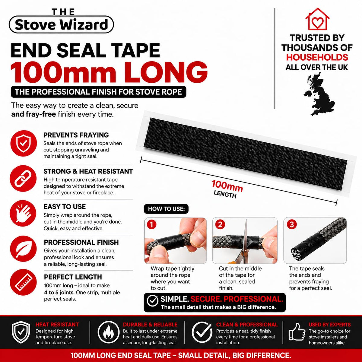 Stove Rope Kit 10mm x 2.5m Black 50ml Glue 100mm Tape