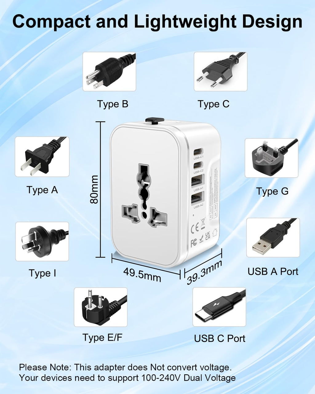 Universal Travel Adapter Worldwide with 2 USB C and 2 USB A Ports, International Travel Plug Adapter Worldwide USB Travel Adaptor All in One Universal Charger Power Adapter for European EU US UK AUS