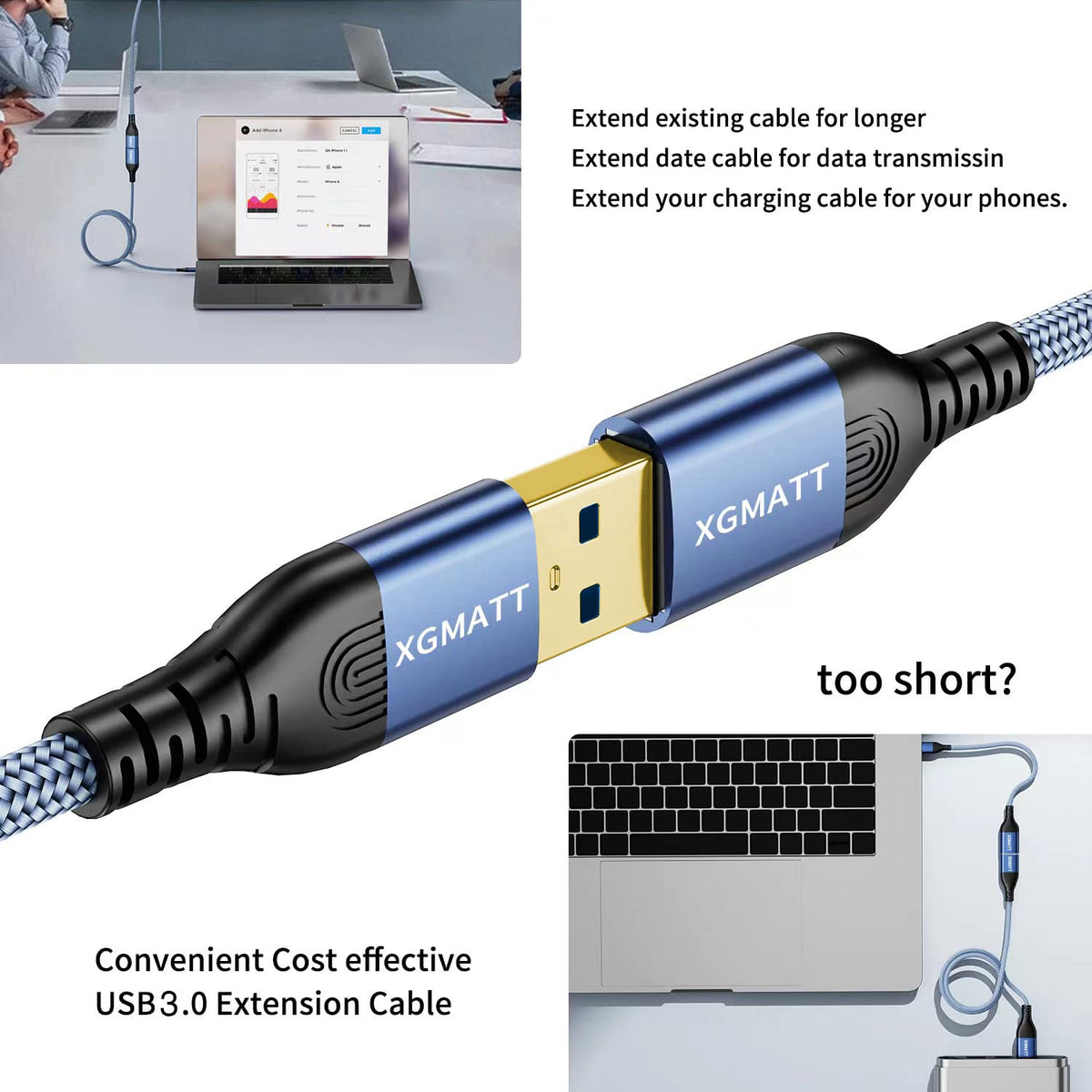 USB 3.0 Extension Cable 1M 2Pack USB Extender Male to Female,Black