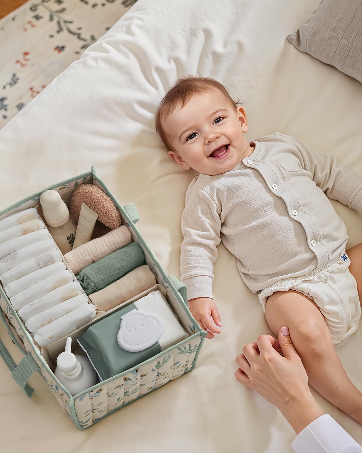 Blissful Diary Nappy Caddy Organiser, Baby Diaper Caddy for Nappy Station, Stylish Storage Basket for Newborn Essentials, Baby Shower Gifts for Girl or Boy, Sage Green