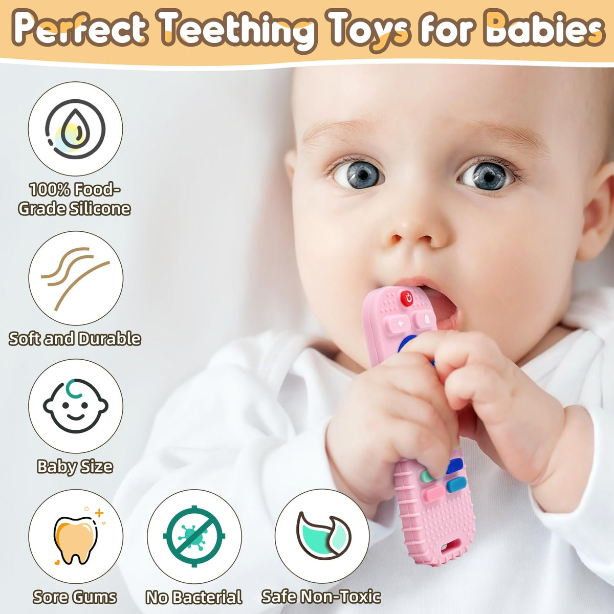 Teething Relief Teethers Toys for Babies 3-6 12 Months Gifts, Silicone Remote Control Baby Teether Bath Toys for 3 6 9 Months Newborn Infant Boy Girl Autism, Food Grade Silicone Sensory Toys, Black