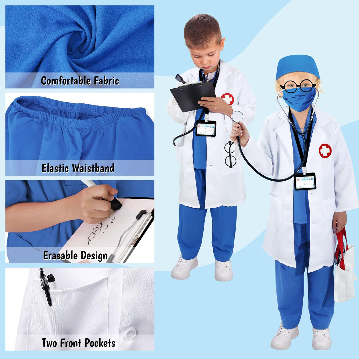 12 PCS Doctor Costume for Kids,Scrubs Nurse Costume for Girls Boys