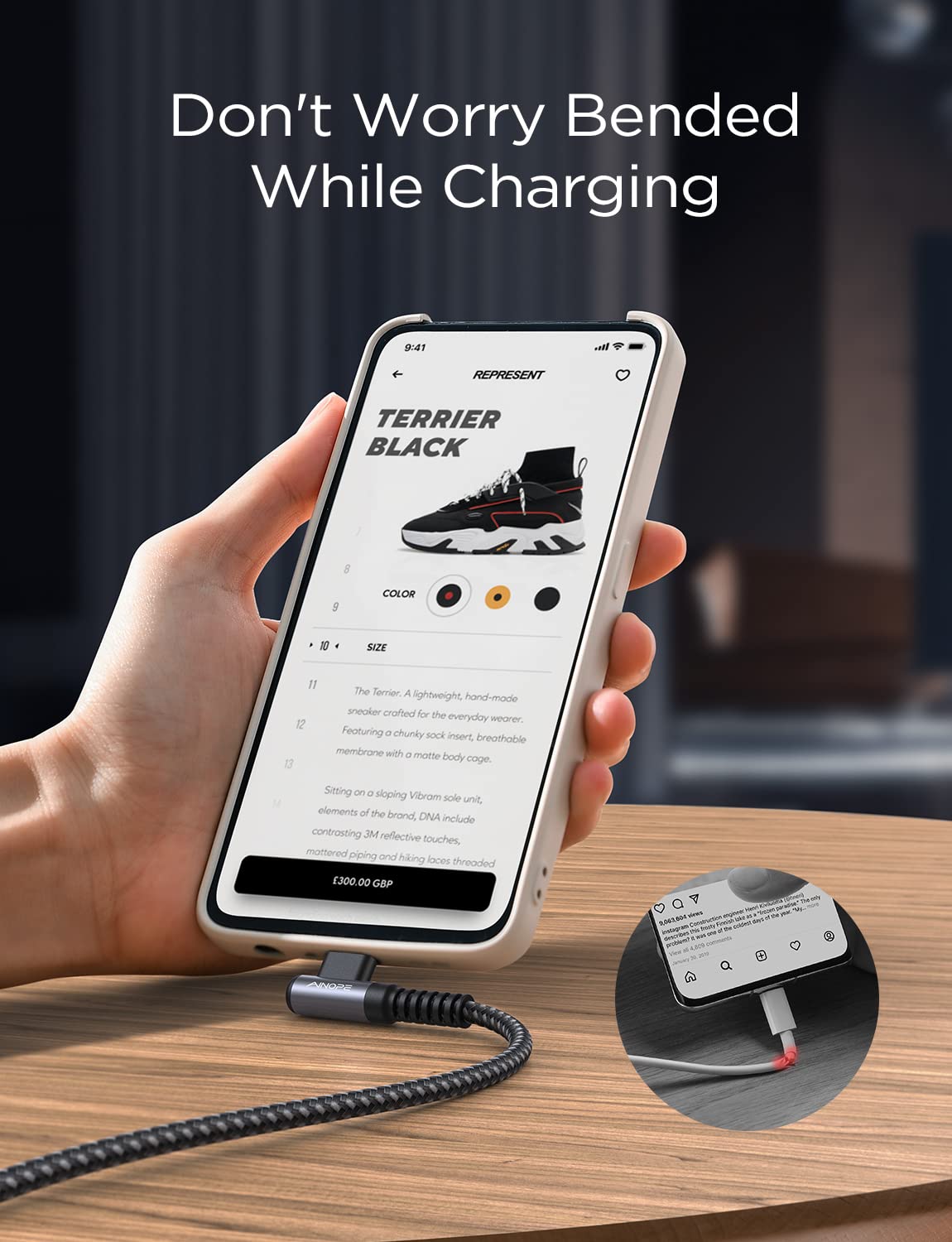 AINOPE 2-Pack 0.5ft USB C Cable, 3.1A Fast Charging, Right Angle, Durable Nylon Braided, Compatible with Galaxy S22 S21 Plus S20, Note 10 9 LG, Type C Charger