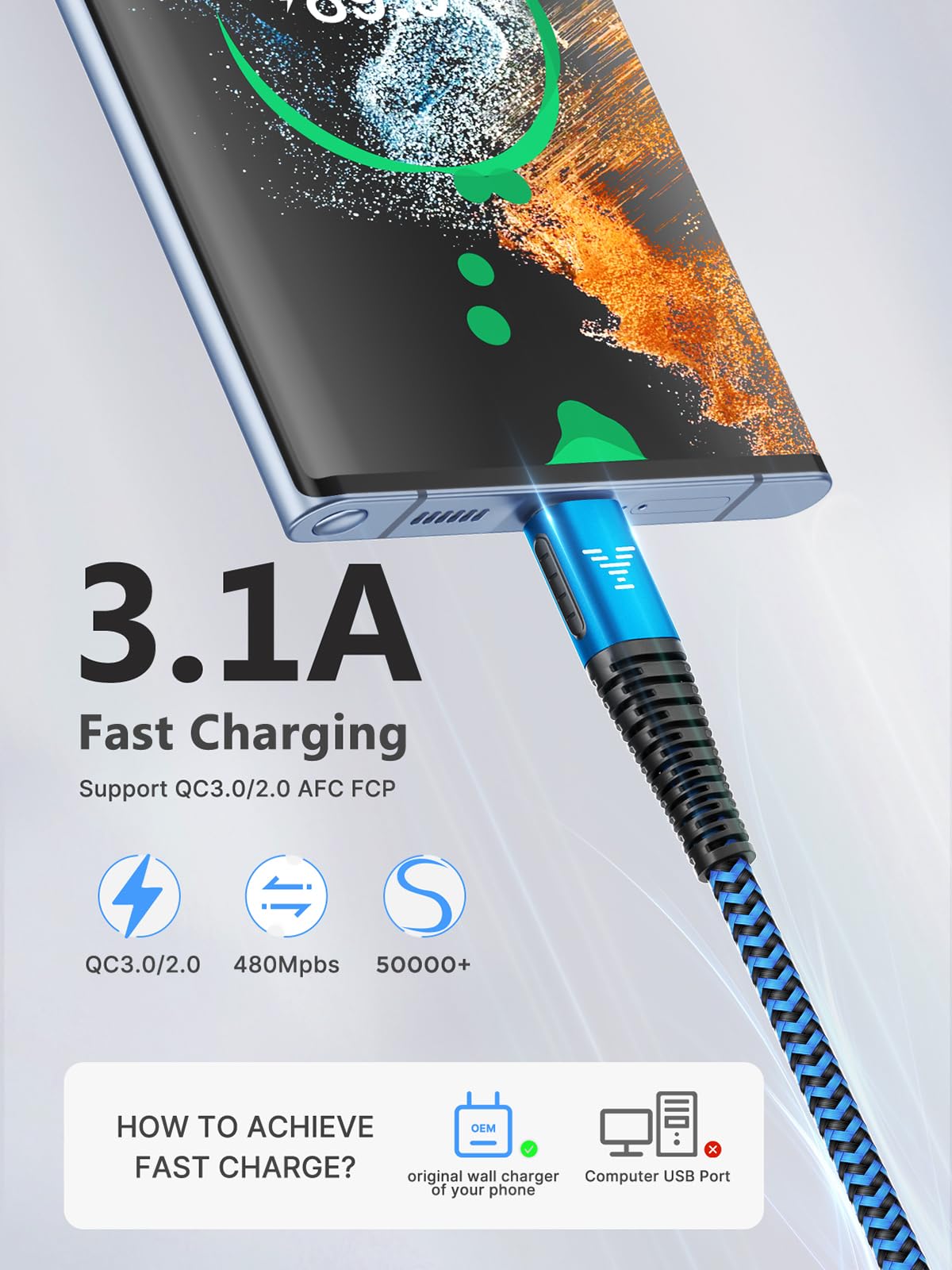 USB C Charger Cable 3M 2Pack Type C Charger Fast Charging 3A Lead Braided for Samsung Galaxy S23 S22 S21 S20 S10 S9 S8 A12 A13 A20e A21s A53 A70,Google Pixel 7 6,Huawei P30 P40,Sony Xperia,Switch,PS5