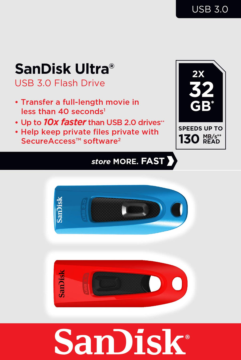 SanDisk 32GB Ultra USB 3.0 Flash Drive, USB stick, memory stick with transfer speeds up to 130MB/s, Password protection, RescuePRO Deluxe software for data recovery, Triple Pack, Black