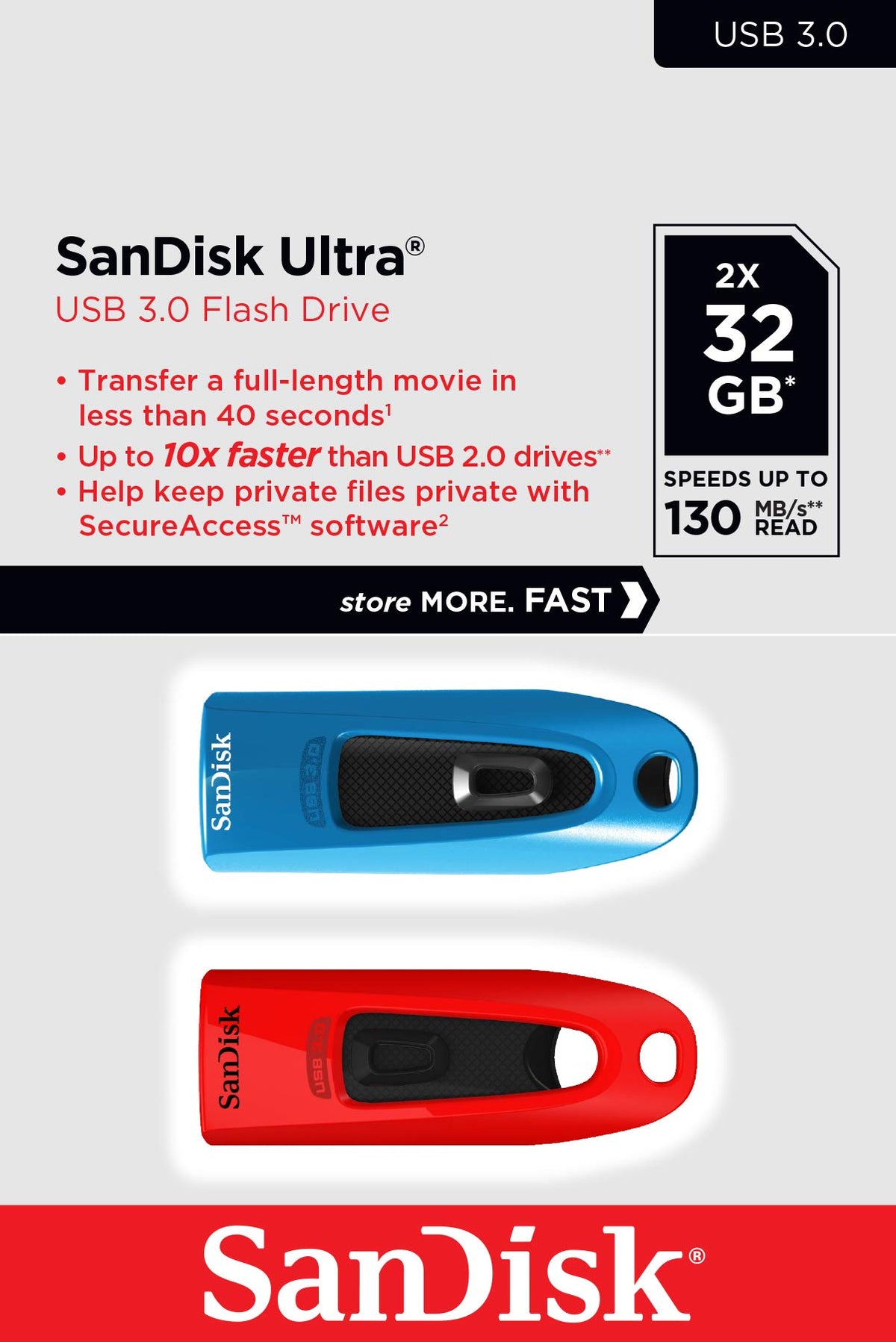 SanDisk 32GB Ultra USB 3.0 Flash Drive, USB stick, memory stick with transfer speeds up to 130MB/s, Password protection, RescuePRO Deluxe software for data recovery, Triple Pack, Black
