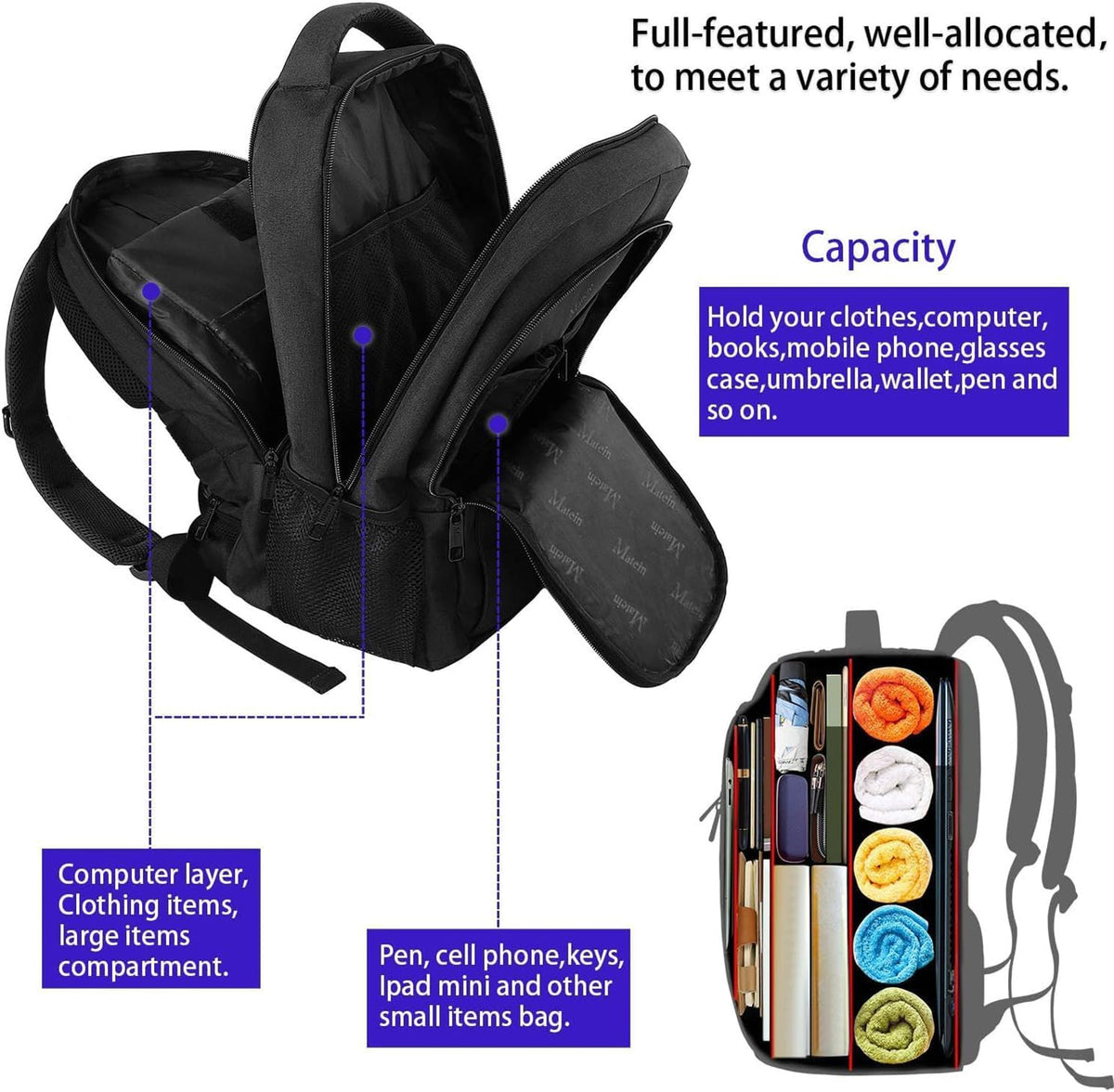 MATEIN Travel Laptop Backpack, Work Bag Lightweight Laptop Bag, Black Blue