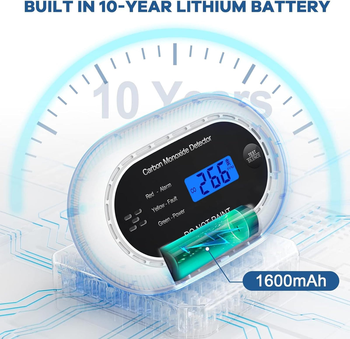 XINDUM Carbon Monoxide Detector 10-Year Battery LCD Display CE Black 1Pack