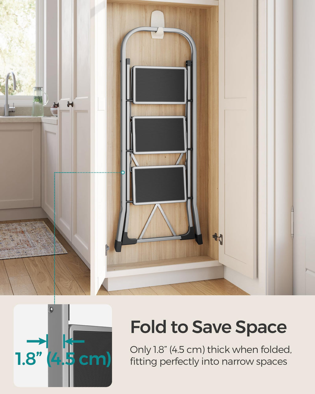 SONGMICS 3-Step Ladder, Folding Step Ladder, Safety, Holds up to 150KG