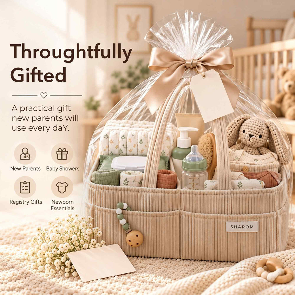 Essential Baby Caddy for Newborns. Spacious, Sturdy & Portable Diaper and Nappy Caddy for Newborn Essentials, Nursery Storage Basket & Organiser for Baby Shower Gifts & Registry Must-Haves Grey