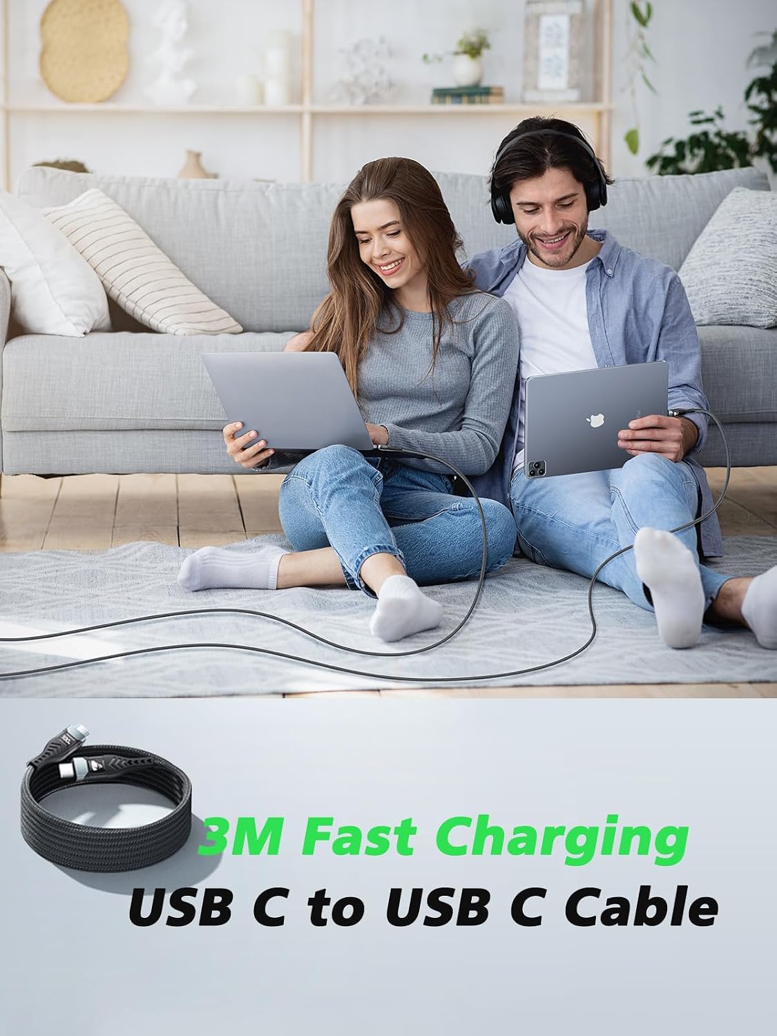 100W USB C to USB C, Fast Charging Cable 3M Long Type C Cable C to C Charger Fast Charg Lead Usbc to Usbc for iPhone 16 15 Pro Max Plus MacBook iPad Pro/Air Samsung Galaxy S23/S22/S21 Google Pixel